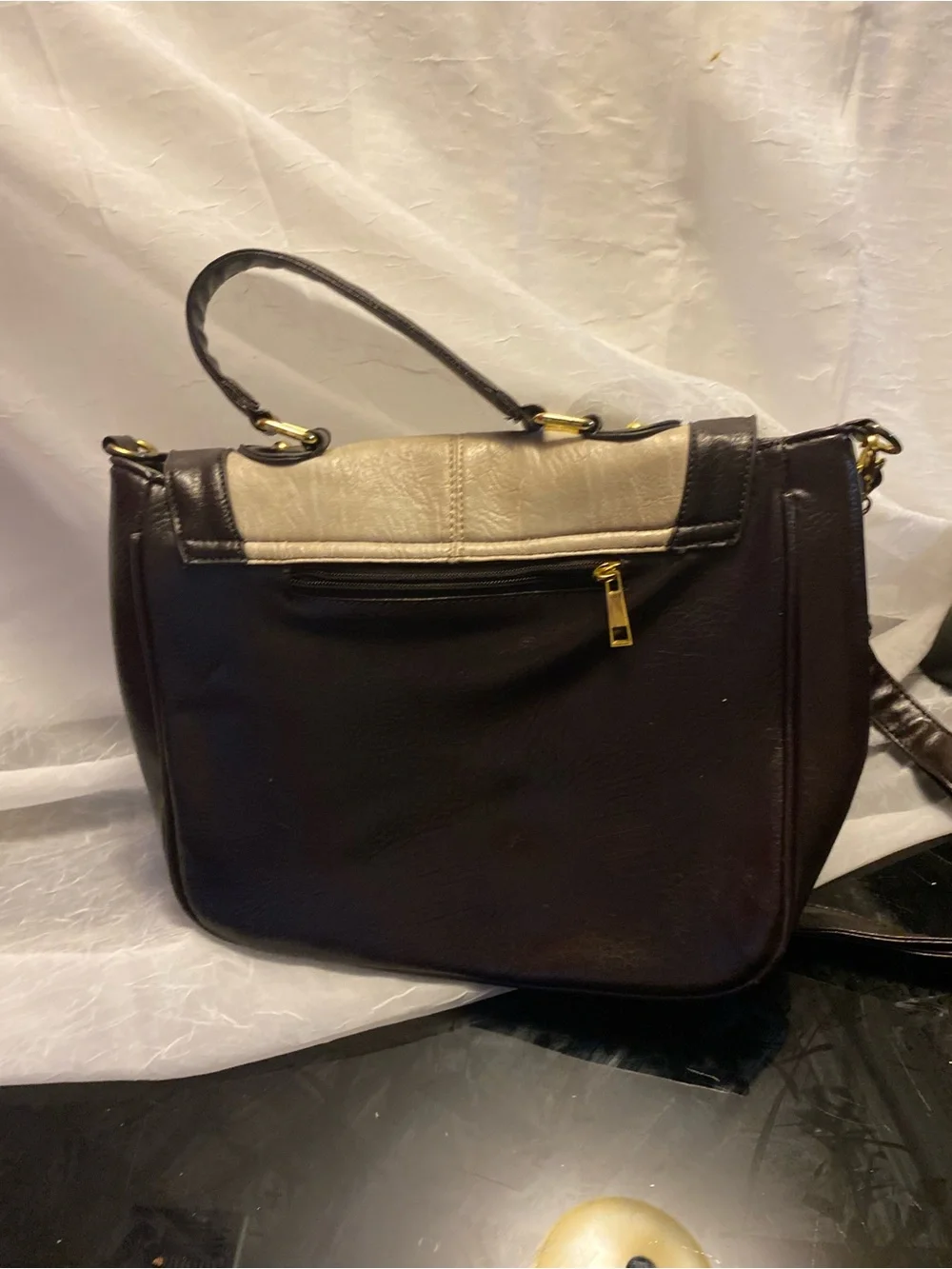Source Unknown Cream and Dark Brown Two-Tone Satchel with Gold Hardware